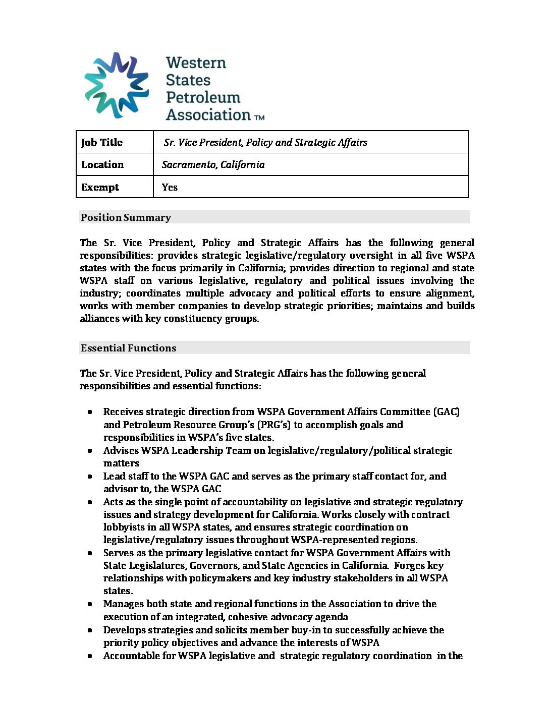 SVP Government Policy Strategic Affairs Position Posting - Western 